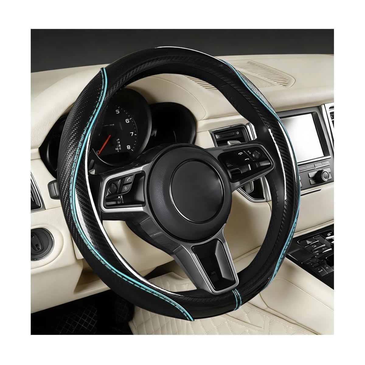 Car Steering Wheel Cover, 14.5-15 Inch Carbon Fiber, Beige