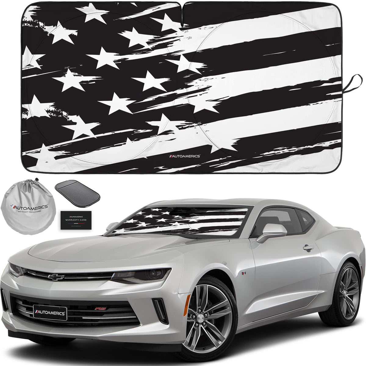 Autoamerics 1-Piece Windshield Sun Shade B&W American Flag USA Patriotic Design - Foldable Car Front Window Sunshade for Most Sedans SUV Truck - Blocks Max UV Rays and Keeps Your Vehicle Cool - Small