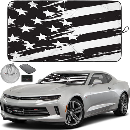 Autoamerics 1-Piece Windshield Sun Shade B&W American Flag USA Patriotic Design - Foldable Car Front Window Sunshade for Most Sedans SUV Truck - Blocks Max UV Rays and Keeps Your Vehicle Cool - Small