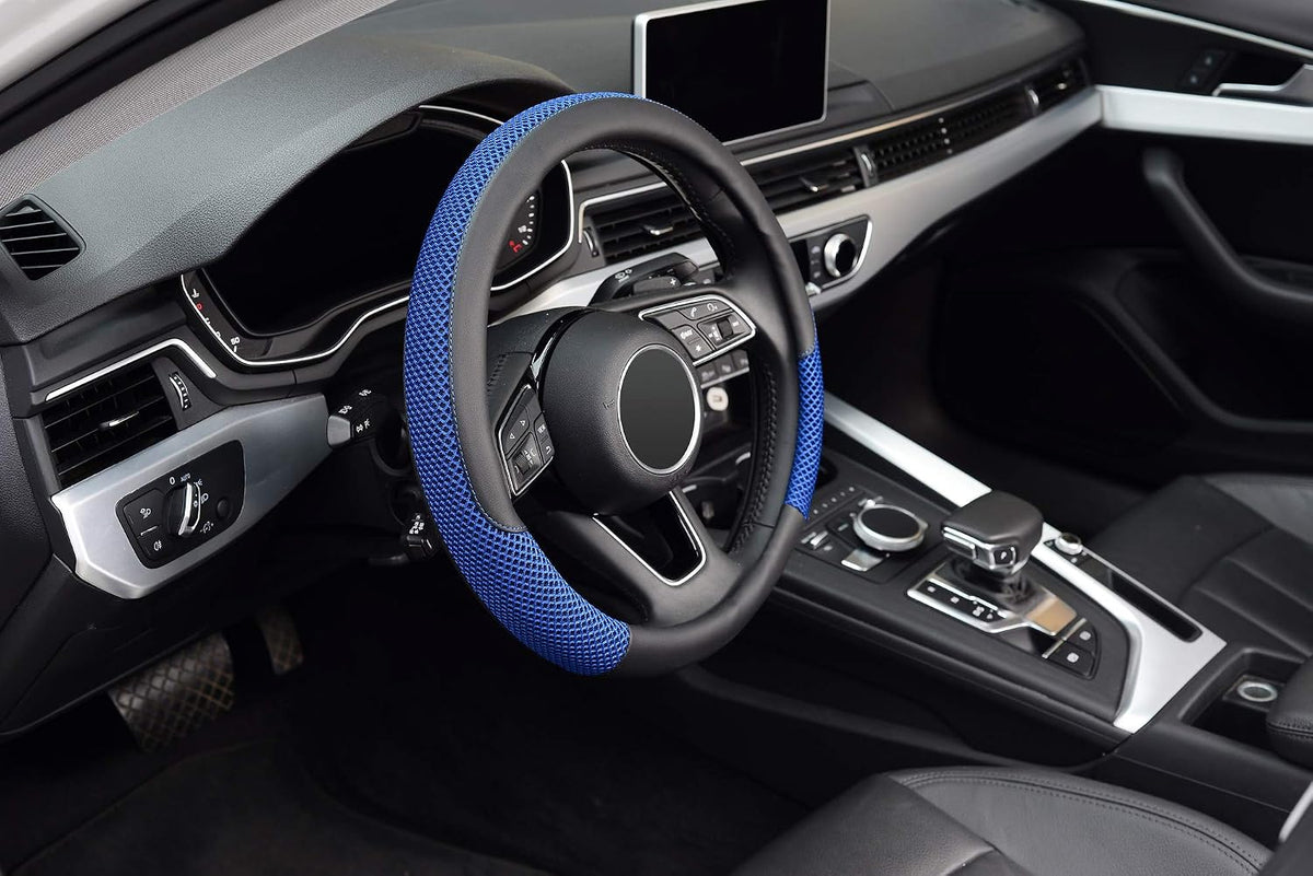 KAFEEK Steering Wheel Cover, Cooling Ice Silk Leather, 15 Inch, Blue