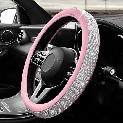 Diamond Leather Steering Wheel Cover, 15 Inch Bling Crystal Rhinestone Anti-Slip Wheel Protector, Universal Sparkling Elegant Diamond Steering Wheels Cover for Women Girl (White&Pink)