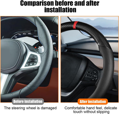 Carbon Fiber Car Steering Wheel Cover, Leather Breathable Automotive Wheel Protector, 15 Inch Anti-Slip Vehicle Interior Steering Accessories, Universal for SUV Truck Sedan (Black)