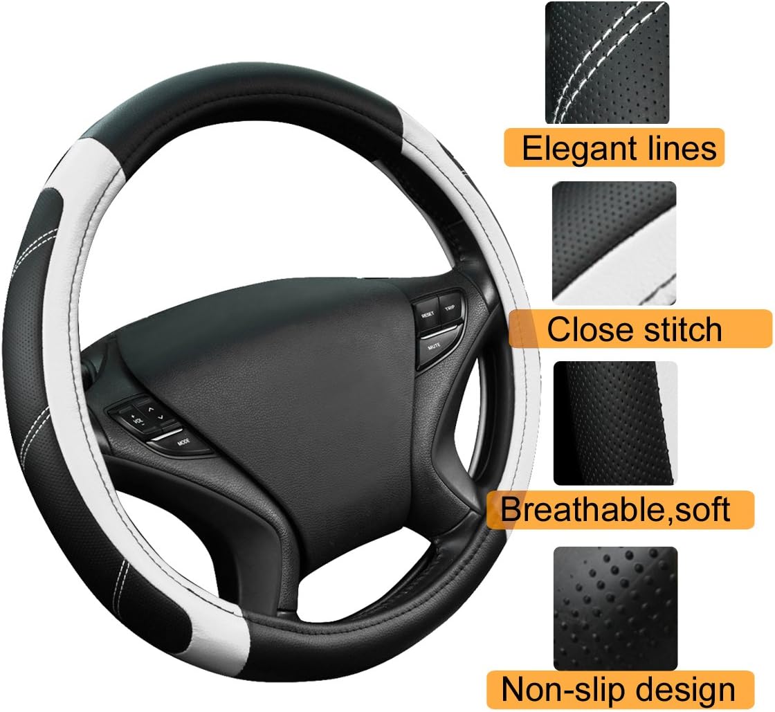 CAR PASS Line Rider Microfiber Leather Sporty Steering Wheel Cover Universal Fits for 95% Truck,SUV,Cars,14.5-15inch Anti-Slip Safety Comfortable Desgin (Black-White)