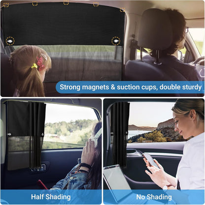 Car Window Shades, 2 Pcs Half Blackout & Half See-Through Magnetic Sun Shade for Rear Window Covers with Fixed Suction Cups,Car Curtains for Baby Sun/Heat/UV Protection