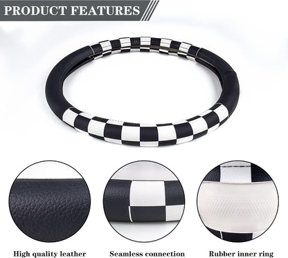 Evankin Lattice Leather Steering Checker Wheel Cover, Black and White