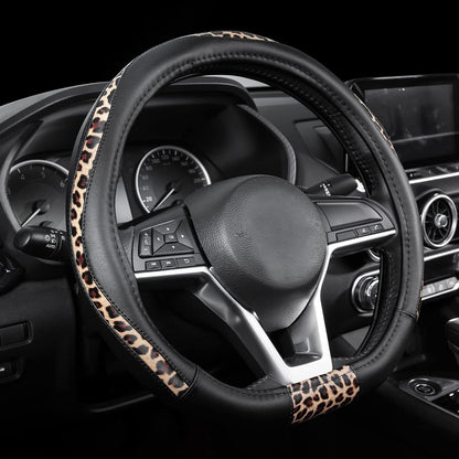Road Comforts Steering Wheel Cover - Flat Bottom Wheel Cover Made with PVC Leather and Leopard Fabric - Universal Fit for 15-Inch D-Shaped Automotive Steering Wheels (Black Color)
