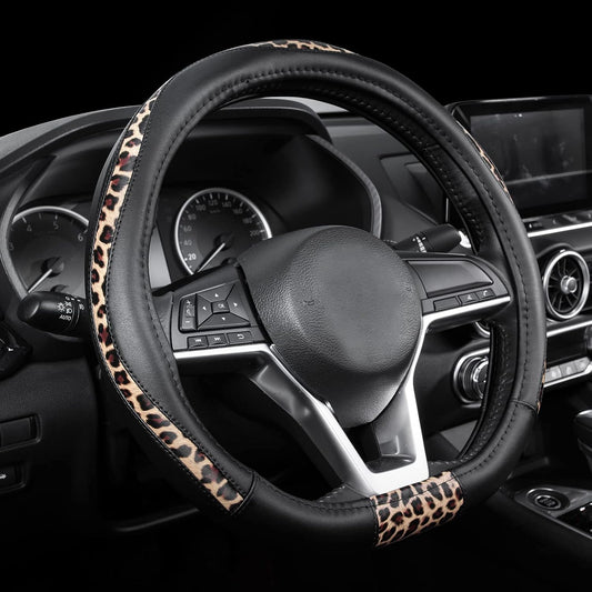 Road Comforts Steering Wheel Cover - Flat Bottom Wheel Cover Made with PVC Leather and Leopard Fabric - Universal Fit for 15-Inch D-Shaped Automotive Steering Wheels (Black Color)