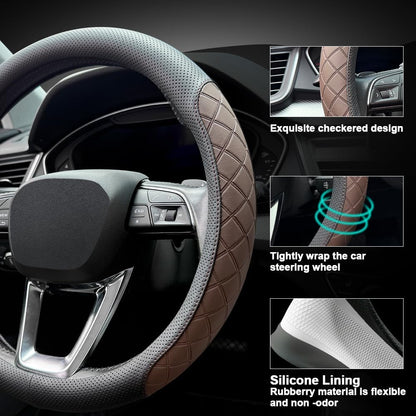 LKWLIKEI Nappa Leather Steering Wheel Cover,Elegant Diamond Checkered Design, Non-Slip wear-Resistant, Enhance Driving Comfort, Suitable for Steering Wheel Diameter 14 1/2‘-15’ Models.Black Brown