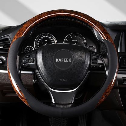 KAFEEK Wood Grain Steering Wheel Cover, 14 1/2-15 Inch, Brown
