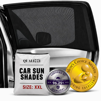 XL/Car Side Window Shades for SUV. 8 Sizes/2 Pack. Stretch-to-Fit Mesh for Rear Windows Up to H:20" x W:46". Sun, Heat & Bugs Protection, Blocks 96% UVA. Camping Windows Screens | Qualizzi®