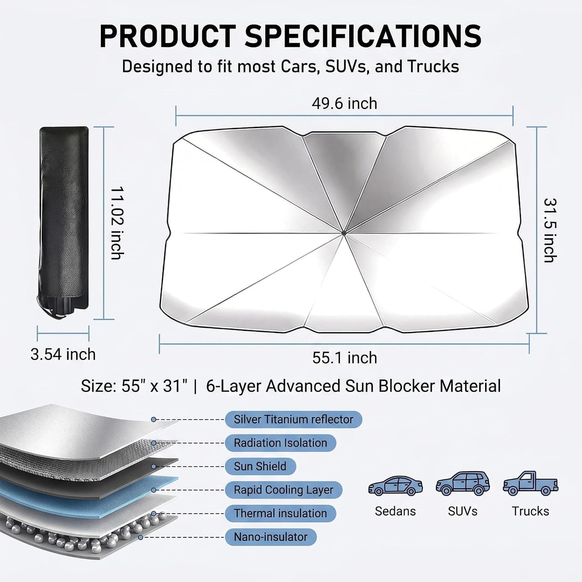 1 PC Foldable Car Windshield Sun Shade, Umbrella-style Retractable Sunshade with Silver Coated Fabric, Universal for Most Cars, Trucks, SUVs (Silver)