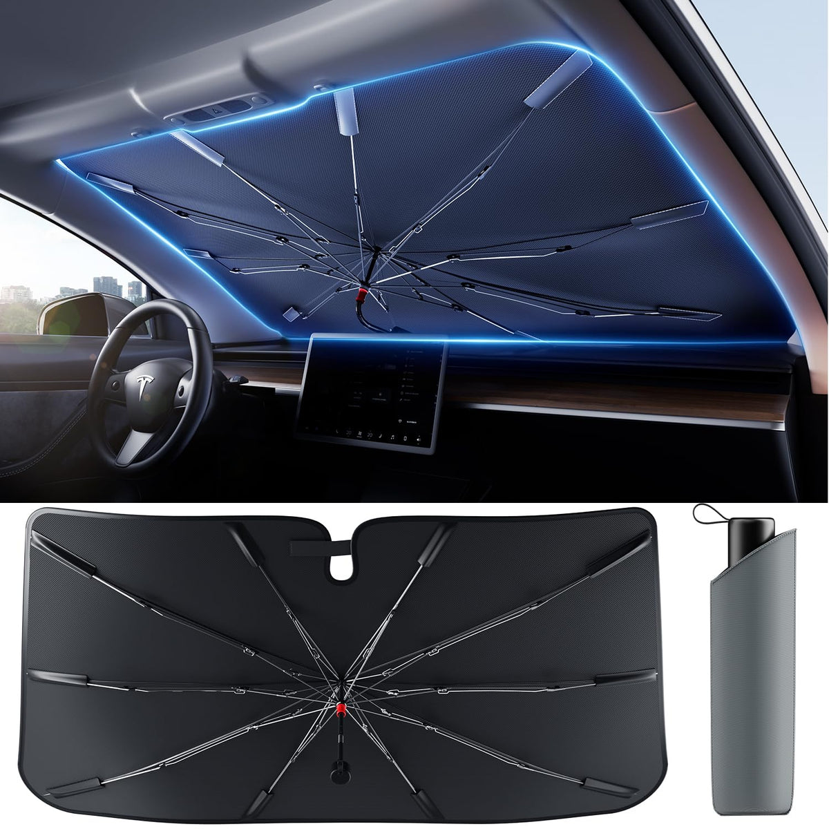 [2026 Upgraded] Weektic Truck Windshield Sun Shade for F-150/Silverado/Tundra/RAM 1500/Sierra - 5 Layers Ice Crystal Coating Blocks 99% UV, Cools Interior | 360° Swivel Handle for Easy Use