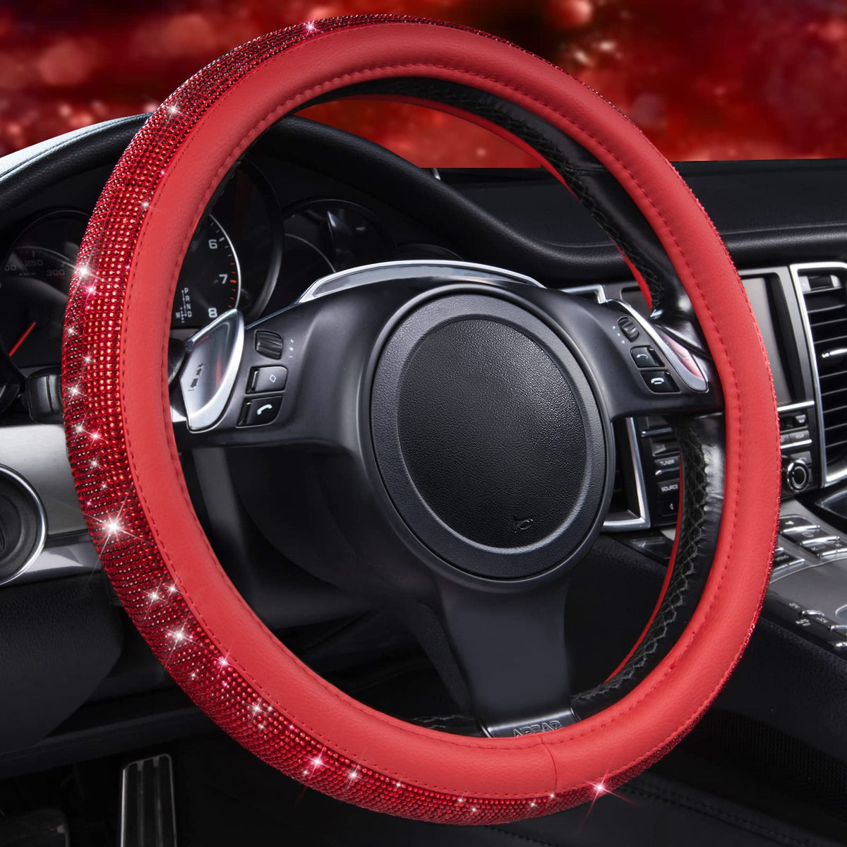 CAR PASS Bling Diamond Leather Steering Wheel Cover, with Bling Sparkly Crystal Glitter Rhinestones Universal Fit 14.5in-15in Car Wheel Protector for Women Girl Fit Suvs,Vans,Sedans,Car,Trucks, Silver