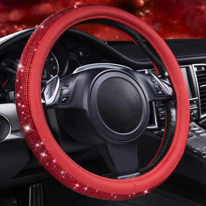 CAR PASS Bling Diamond Leather Steering Wheel Cover, with Bling Sparkly Crystal Glitter Rhinestones Universal Fit 14.5in-15in Car Wheel Protector for Women Girl Fit Suvs,Vans,Sedans,Car,Trucks, Silver