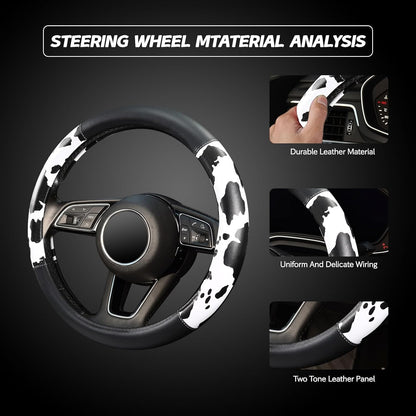 Cow Print Steering Wheel Cover,14.5-15",Microfiber Leather,Anti-Slip,Women