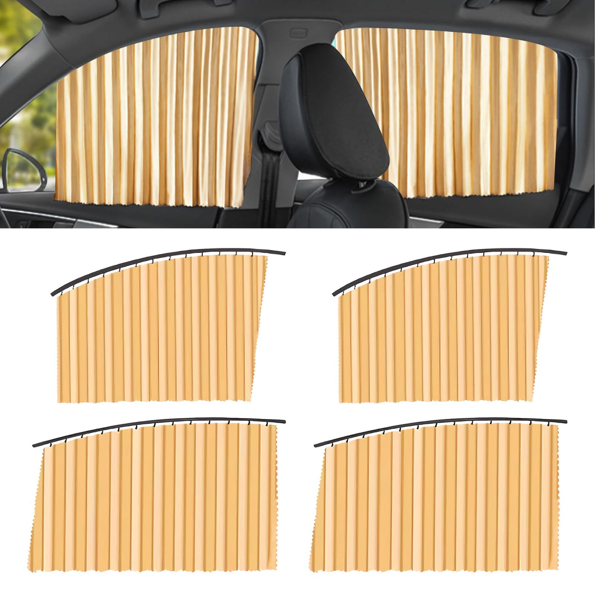 Upgrade 4 Pack Slide Rail Car Window Sun Shades for Side Window Magnetic Car Curtains for Privacy Car Window Covers Blackout Blinds to a Classy Ride for Camping Sleeping (with Straps - Black)