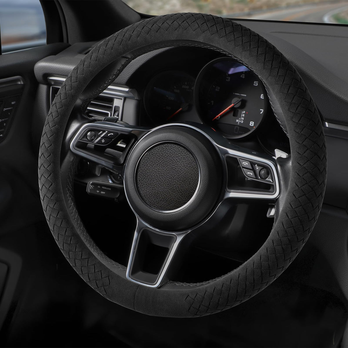 Suede Steering Wheel Cover with Upgraded Silicone Inner Ring, Anti Heat, Breathable, Anti-Slip, Leather Universal 14.5 to 15 inch Steering Wheel Cover (Black and Red, Solid)