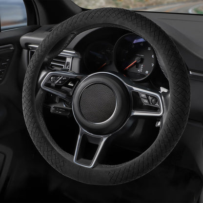Suede Steering Wheel Cover with Upgraded Silicone Inner Ring, Anti Heat, Breathable, Anti-Slip, Leather Universal 14.5 to 15 inch Steering Wheel Cover (Black and Red, Solid)