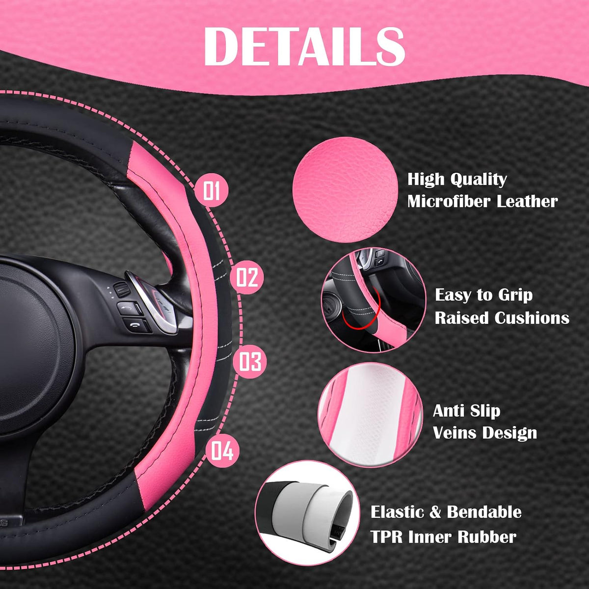 CAR PASS Line Rider Microfiber Leather Sporty 14.5-15 inch Steering Wheel Cover Universal Fits for 95% Truck,SUV,Cars, Anti-Slip Safety Comfortable Design (Black Pink)