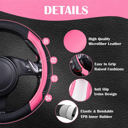 CAR PASS Line Rider Microfiber Leather Sporty 14.5-15 inch Steering Wheel Cover Universal Fits for 95% Truck,SUV,Cars, Anti-Slip Safety Comfortable Design (Black Pink)