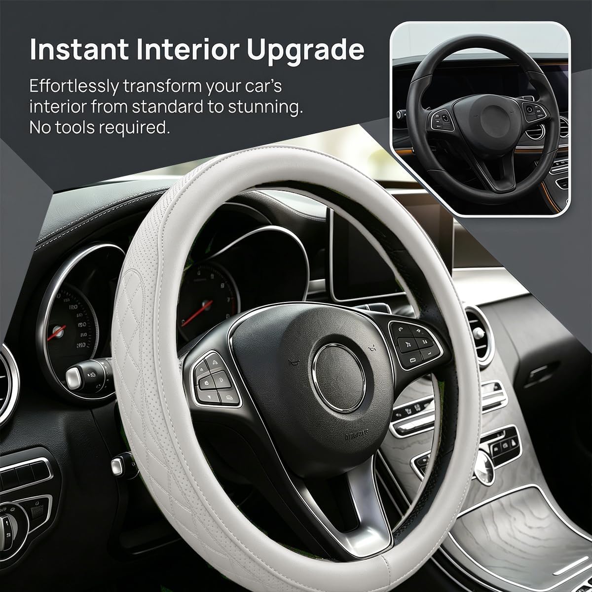Zpana 14.5-15" Car Steering Wheel Cover, Breathable Soft Leather, White