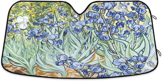 Car Windshield Sunshade Irises Vincent Van Gogh Pattern, Blocks Sun Visor Protector Foldable Sun Shield Keep Your Vehicle Cool, Fits Windshields of Most Sizes
