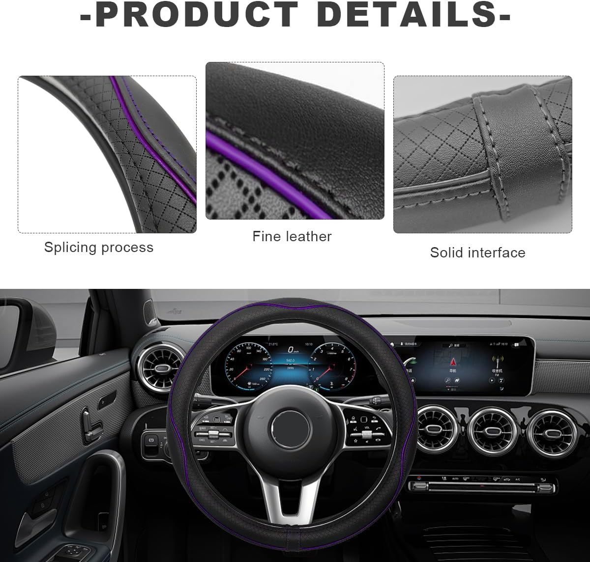 Car Steering Wheel Cover, 15 Inch Anti-Slip Breathable Leather Auto Steering Wheel Protector, Full Surround Soft Steering Wheel Cover for Men Women, Car Interior Accessories (Black & Purple)