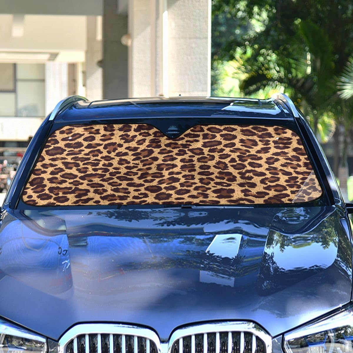 Leopard Skin Print Car Windshield Sun Shade Animal Brown Foldable UV Ray Sun Visor Protector Sunshade to Keep Your Vehicle Cool (55" x 27.6")