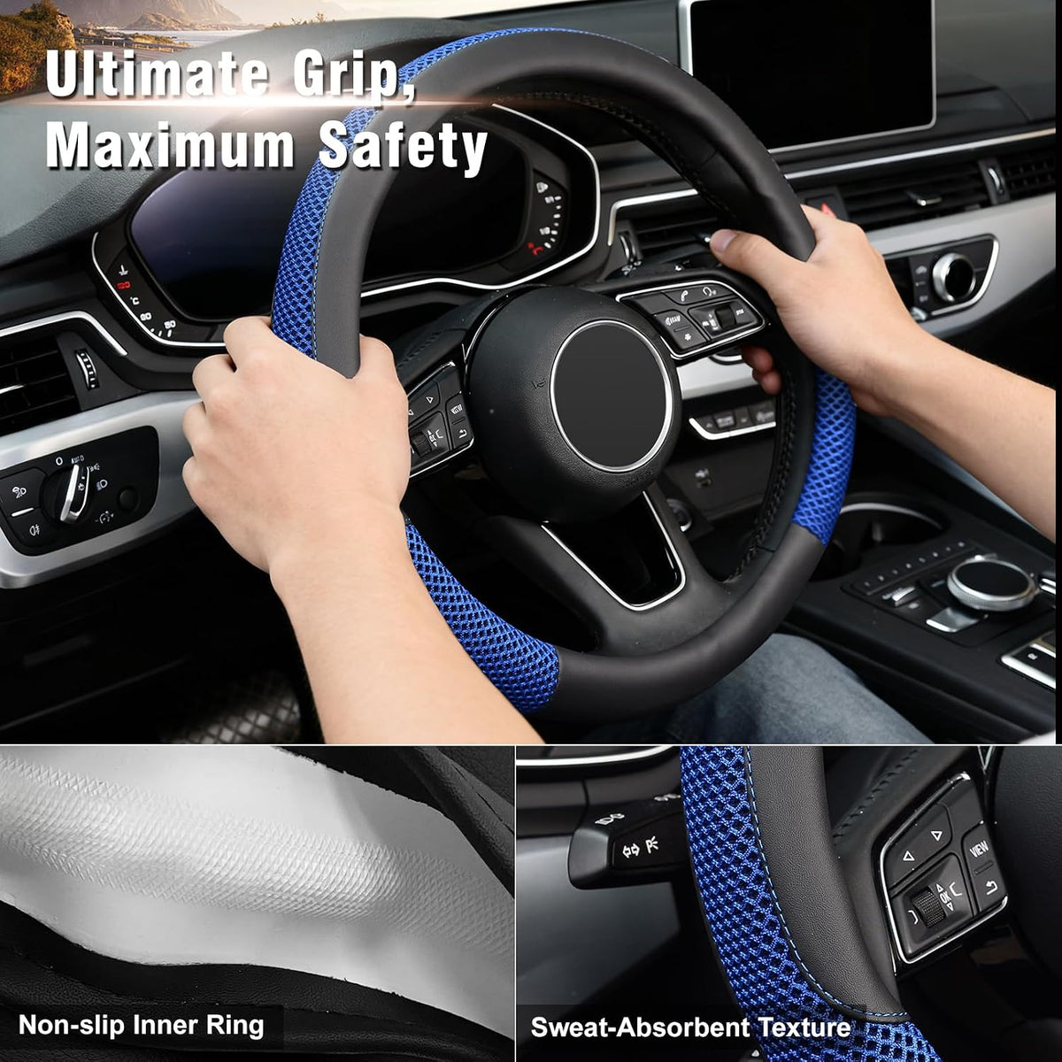 KAFEEK Steering Wheel Cover, Cooling Ice Silk Leather, 15 Inch, Blue