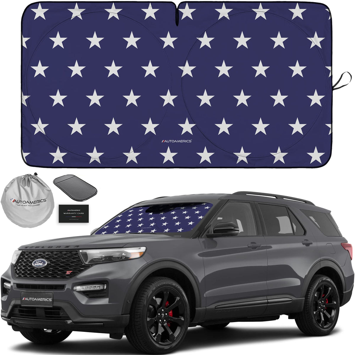 Autoamerics 1-Piece Windshield Sun Shade B&W American Flag USA Patriotic Design - Foldable Car Front Window Sunshade for Most Sedans SUV Truck - Blocks Max UV Rays and Keeps Your Vehicle Cool - Small