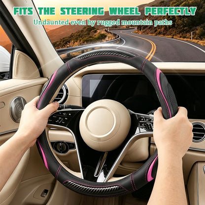 Leather Steering Wheel Cover with Silicone Grip Pads, Black/Pink
