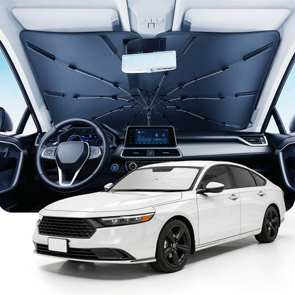 DMJN Umbrella Windshield Sun Shade for Car & SUV, Car Sunshade for Front Windshield [Nano Ice-Crystal Coatings] UPF50+ Heat & UV Block, Protect Interior & Keep Cooler Universal for Most of Sedan & SUV