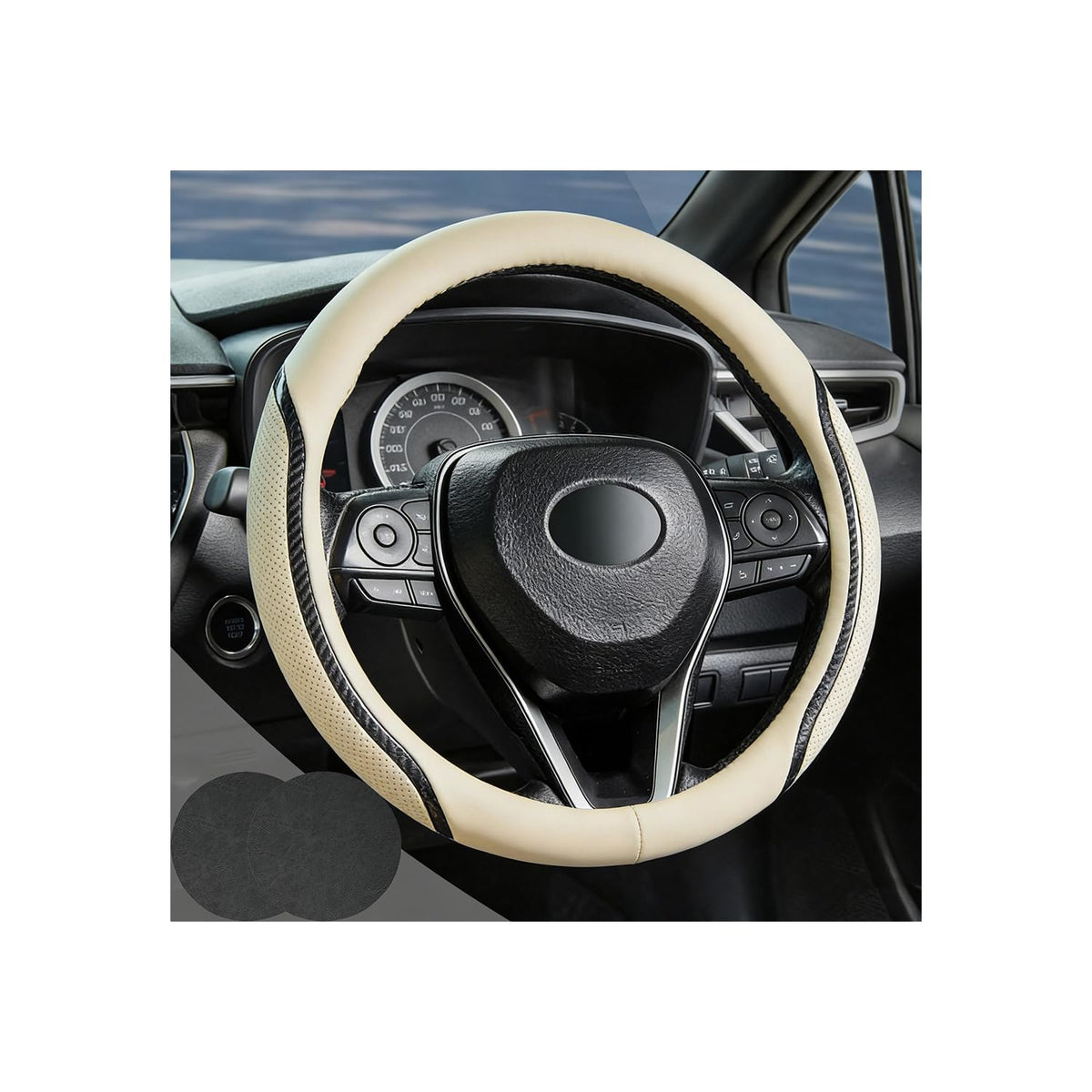 Steering Wheel Cover Blue and Black Leather Universal 14.5-15 inch