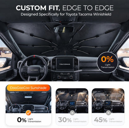 [2026 Upgraed] DooGooCoo Windshield Sun Shade Umbrella for Toyota Tacoma [100% Sunlight Blocked, Ice Crystal Cool] Sunshade for Car Windshield for Tacoma Sun Shade 2016-2026, Custom Fit for Tacoma.