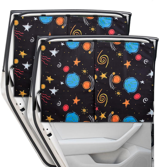 Car Window Shades, 2 Packs Magnetic car Sun Shade for Baby, Double Layers Magnetic Colourful Space Pattern for Full Covers/Half Shade Options, Window Curtains for Heat/UV Protection Sun Block Covers