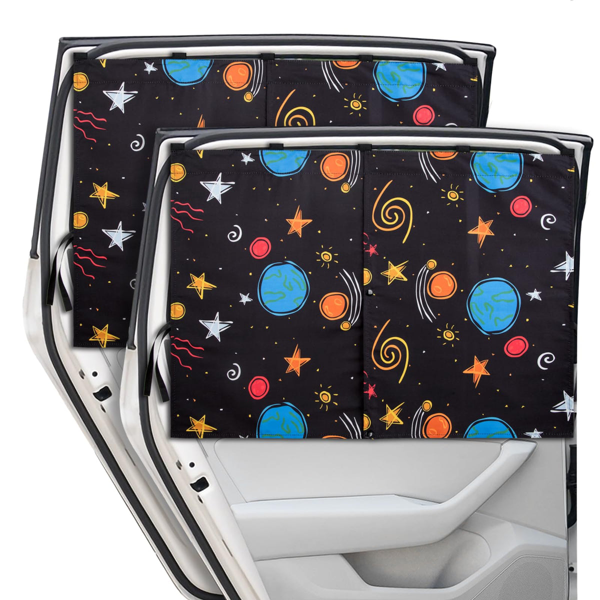 Car Window Shades, 2 Packs Magnetic car Sun Shade for Baby, Double Layers Magnetic Colourful Space Pattern for Full Covers/Half Shade Options, Window Curtains for Heat/UV Protection Sun Block Covers