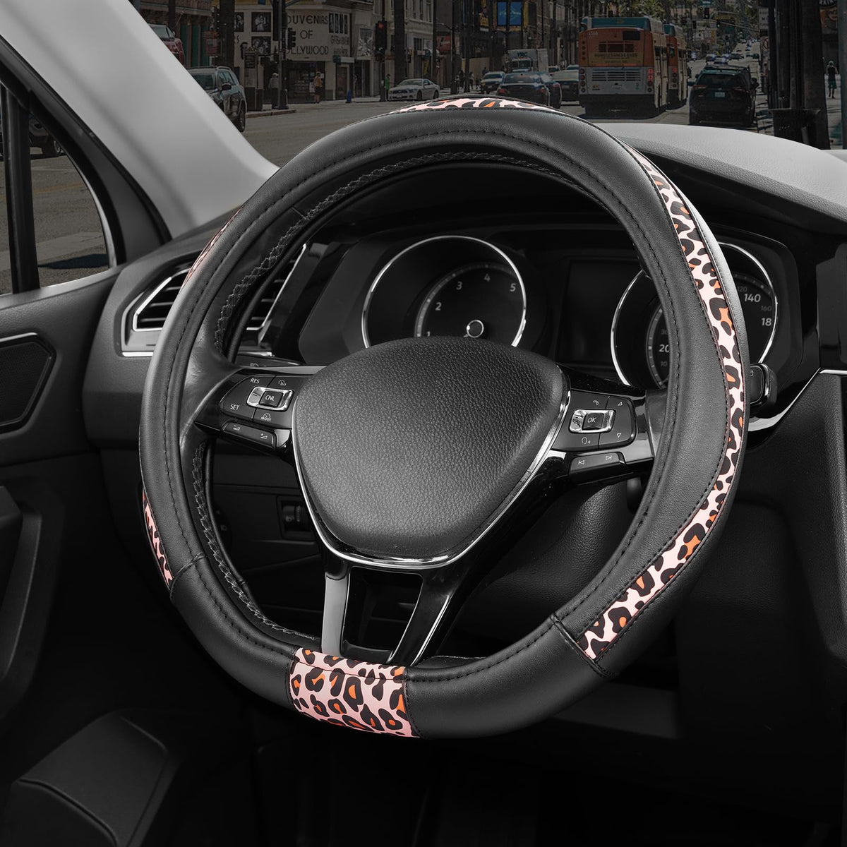 Road Comforts Steering Wheel Cover - Flat Bottom Wheel Cover Made with PVC Leather and Leopard Fabric - Universal Fit for 15-Inch D-Shaped Automotive Steering Wheels (Black Color)