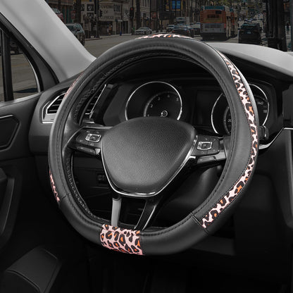 Road Comforts Steering Wheel Cover - Flat Bottom Wheel Cover Made with PVC Leather and Leopard Fabric - Universal Fit for 15-Inch D-Shaped Automotive Steering Wheels (Black Color)