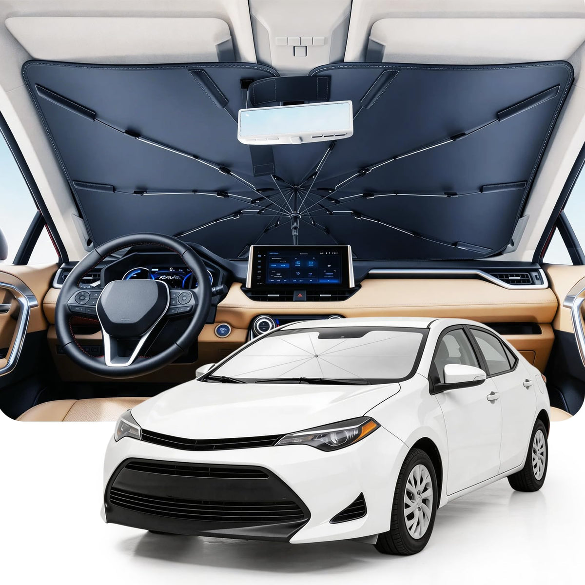DMJN Umbrella Windshield Sun Shade for Car & SUV, Car Sunshade for Front Windshield [Nano Ice-Crystal Coatings] UPF50+ Heat & UV Block, Protect Interior & Keep Cooler Universal for Most of Sedan & SUV