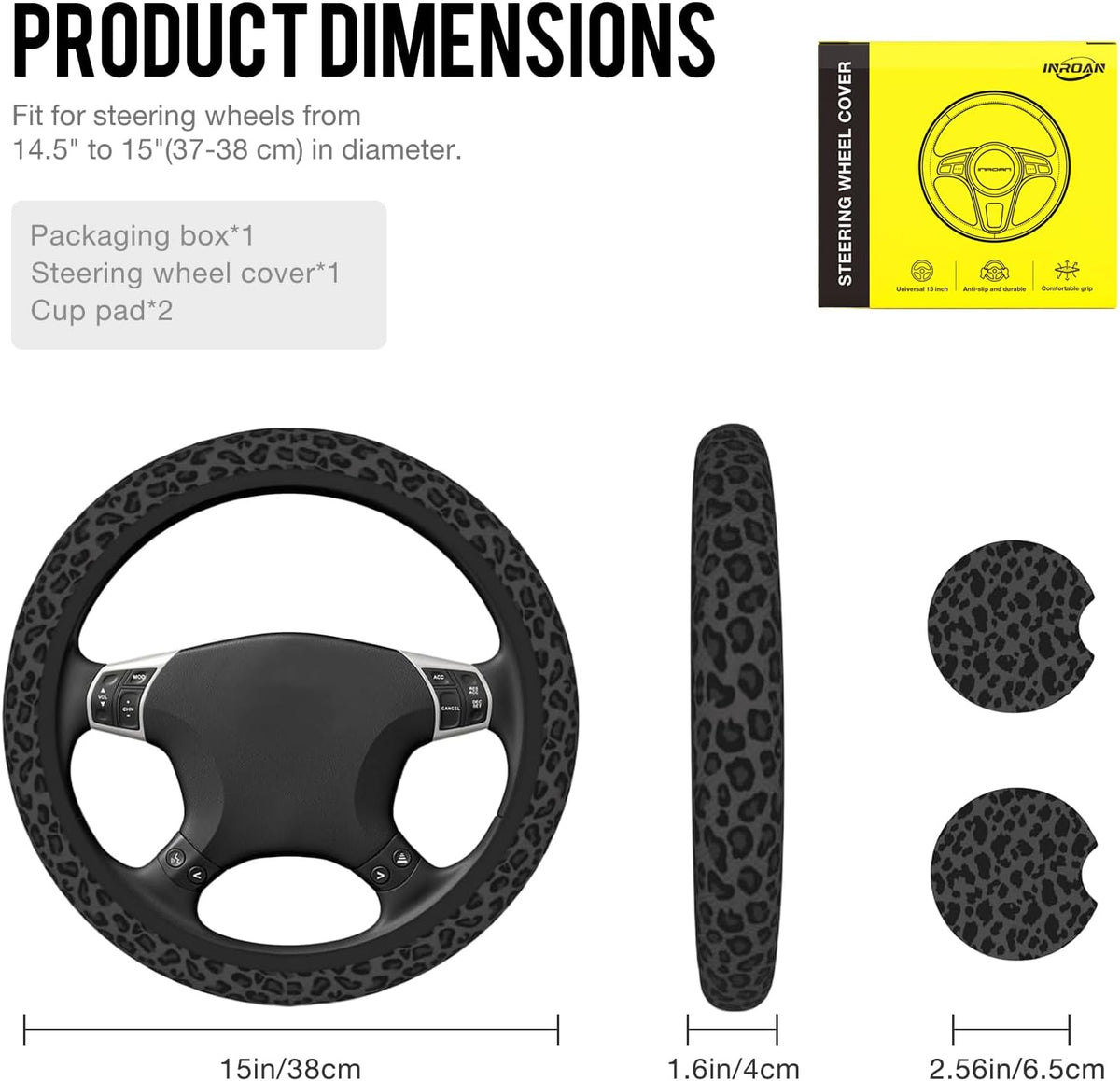 Black Leopard Print Steering Wheel Cover for Women, Universal Fit 14.5-15 Inch with Non-Slip Grip and Thermal Control, Includes 2 Ceramic Absorbent Cup Coasters, Compatible with Cars, SUVs, Trucks.