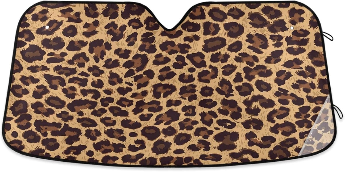 Leopard Skin Print Car Windshield Sun Shade Animal Brown Foldable UV Ray Sun Visor Protector Sunshade to Keep Your Vehicle Cool (55" x 27.6")