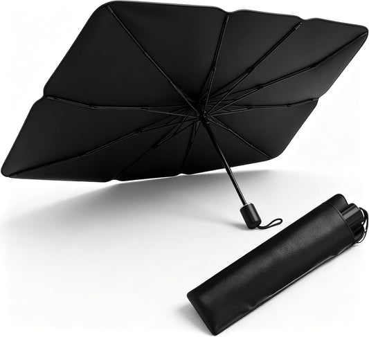 1 PC Foldable Car Windshield Sun Shade, Umbrella-style Retractable Sunshade with Silver Coated Fabric, Universal for Most Cars, Trucks, SUVs (Silver)
