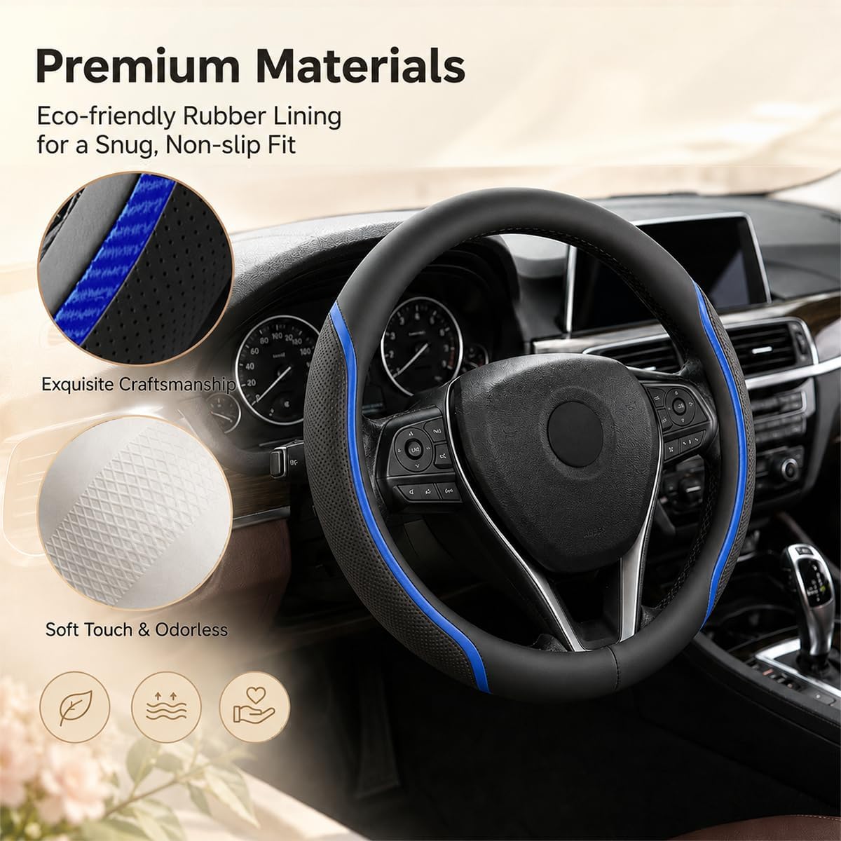 Steering Wheel Cover Blue and Black Leather Universal 14.5-15 inch
