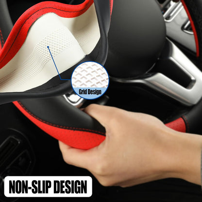 Black Red Microfiber Leather Steering Wheel Cover 14 inch