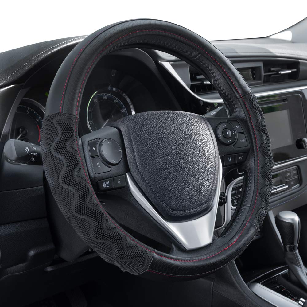 Motor Trend Perforated Microfiber Leather Steering Wheel Cover for Cars Trucks SUVs Vans, Sporty Racing Improved Grip Anti-Fatigue Ergonomic Design, Airbag Compatible - Fits Standard 15" Inch - Black