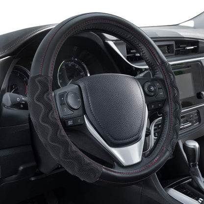 Motor Trend Perforated Microfiber Leather Steering Wheel Cover for Cars Trucks SUVs Vans, Sporty Racing Improved Grip Anti-Fatigue Ergonomic Design, Airbag Compatible - Fits Standard 15" Inch - Black
