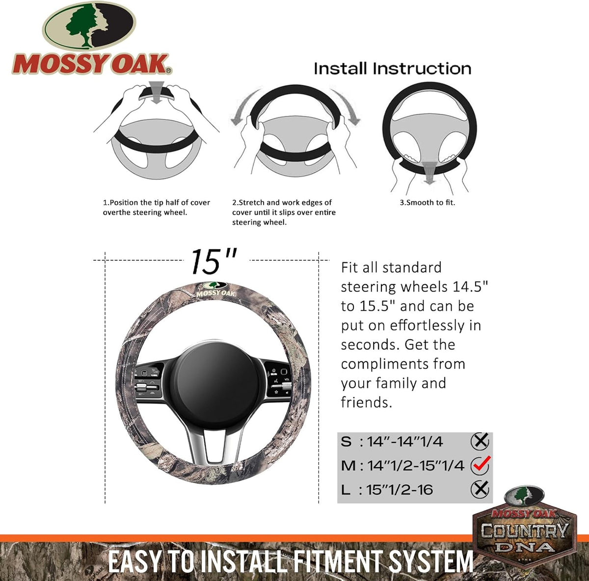 Mossy Oak Full Camo Steering Wheel Cover - Made from Premium Cotton Twill, Universal Fit for 14 1/2 to 15 inches - Official Licensed Product
