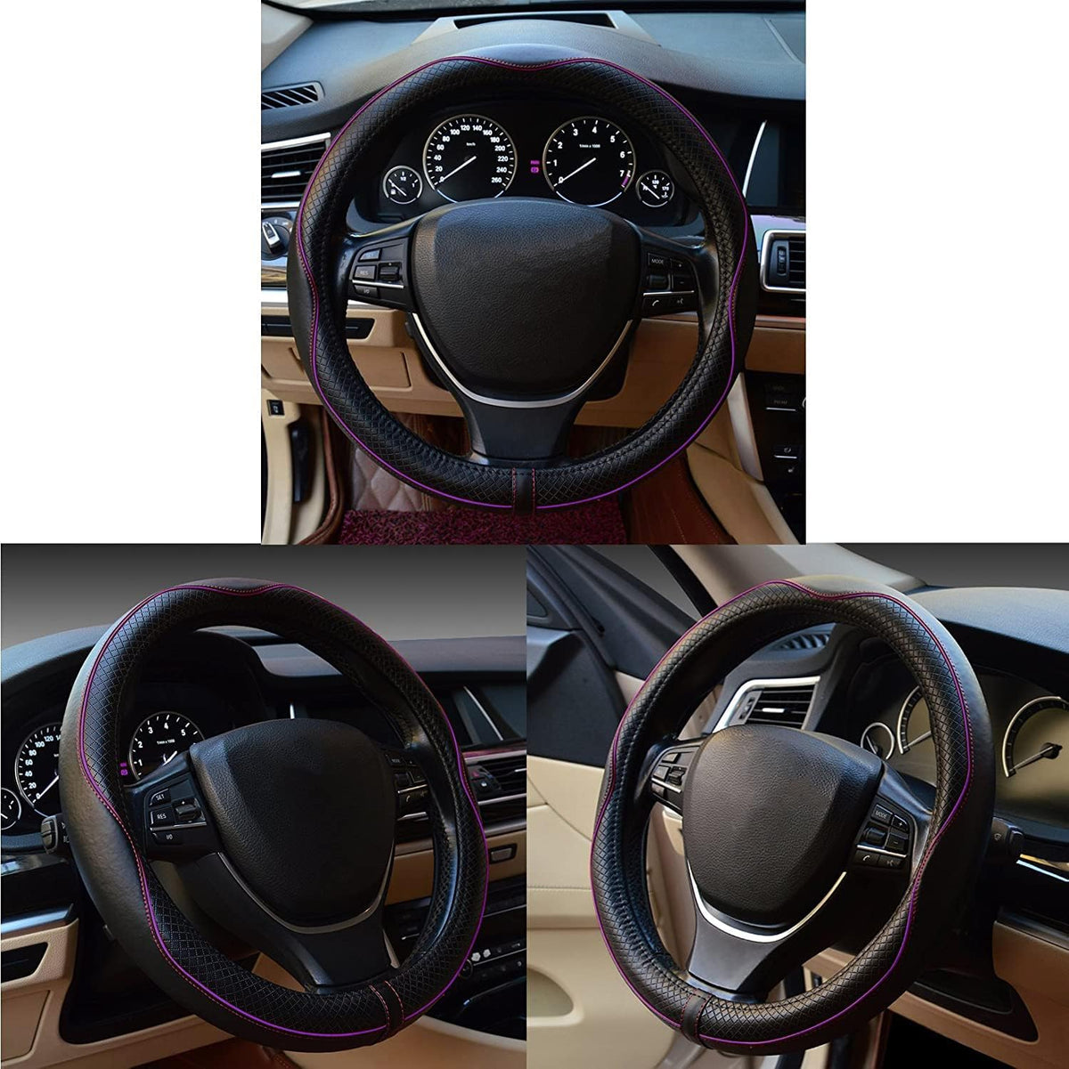 Gomass Car Steering Wheel Cover, Anti-Slip, Safety, Soft, Breathable, Heavy Duty, Thick, Full Surround, Sports Style (Black with Purple line)