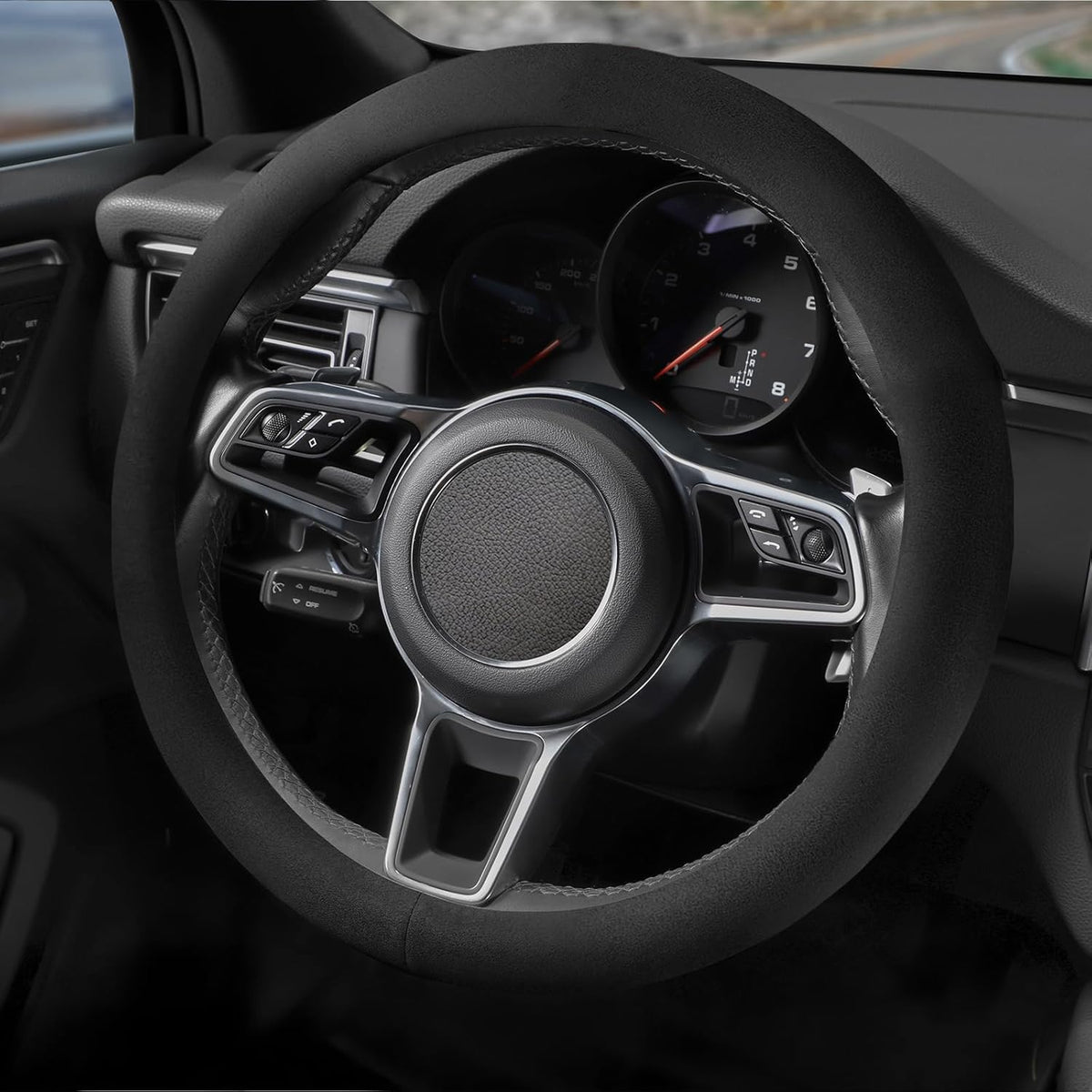 Suede Steering Wheel Cover with Upgraded Silicone Inner Ring, Anti Heat, Breathable, Anti-Slip, Leather Universal 14.5 to 15 inch Steering Wheel Cover (Black and Red, Solid)