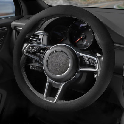 Suede Steering Wheel Cover with Upgraded Silicone Inner Ring, Anti Heat, Breathable, Anti-Slip, Leather Universal 14.5 to 15 inch Steering Wheel Cover (Black and Red, Solid)